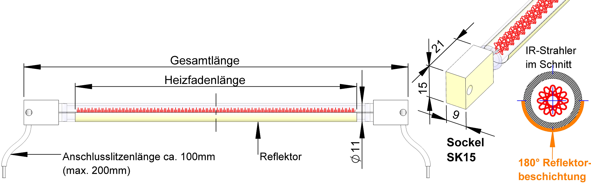 Infrarotstrahler Einzelstrahler und Zubehoer Schnelle Mittelwelle Strahler mit SK15 Sockel